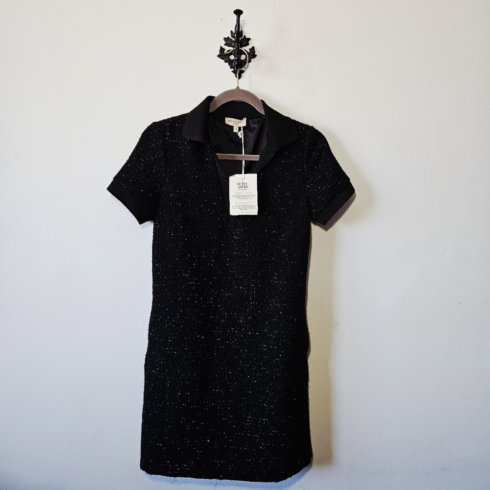 NWT La Fée Maraboutée Tweed Mini Dress Size 34 US S Black Short Sleeve Polo Neck - Picture 1 of 4